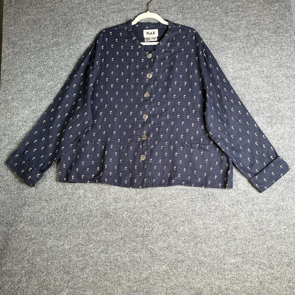 Flax Top Women Size 1G Navy Ikat Linen Button Up Coastal Hippie Nautical